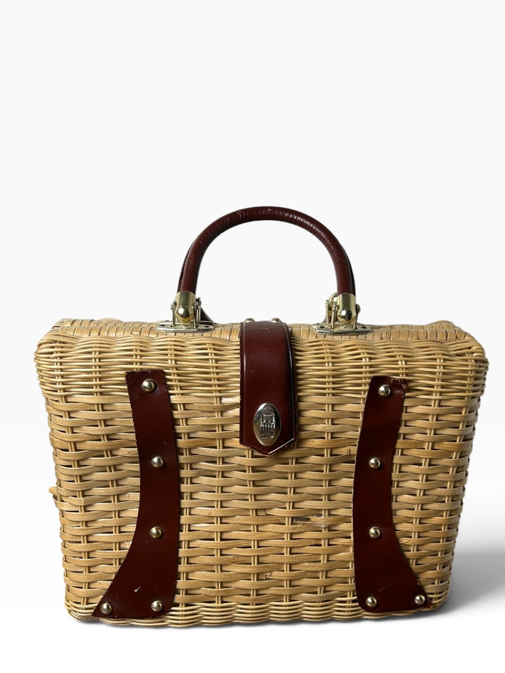 Woven Wicker Basket Handbag with Brown Trim & Top Handles